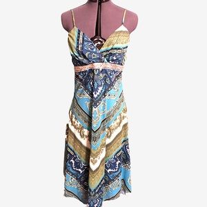 Boho print dress with handkerchief hem